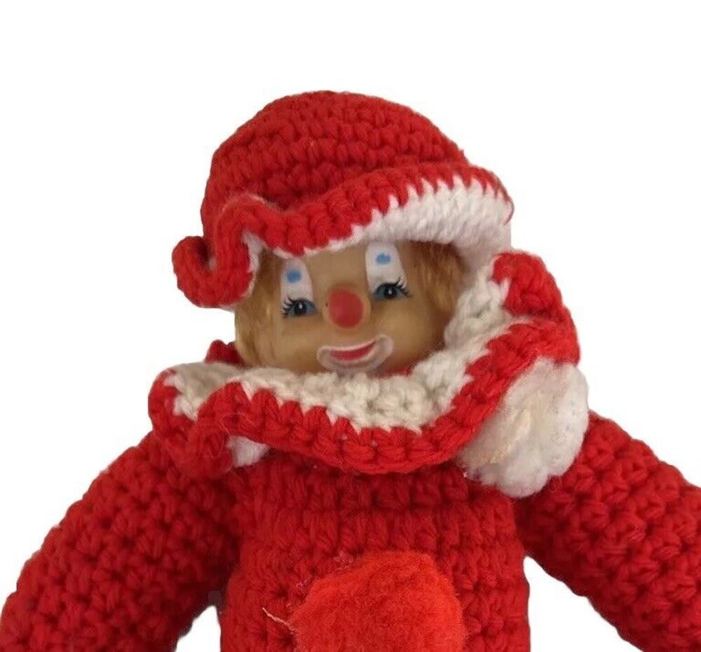 Vintage Kitsch Crochet Clown Doll Handmade Yarn Plush Plastic Face Red White